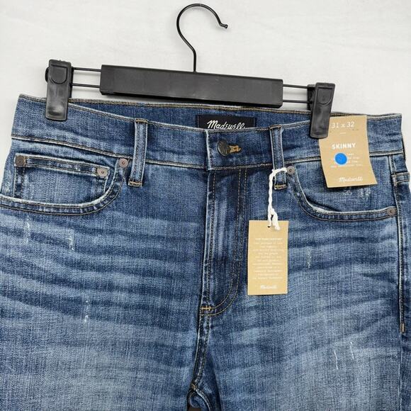Madewell Jeans Men's 31x32 Blue Denim Skinny Leg Dark Whisker Distressed NEW - Picture 4 of 11